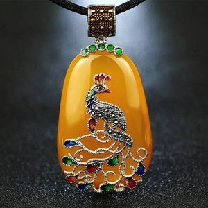 Natural Yellow Chalcedony Peacock Pendant Sterling Silver